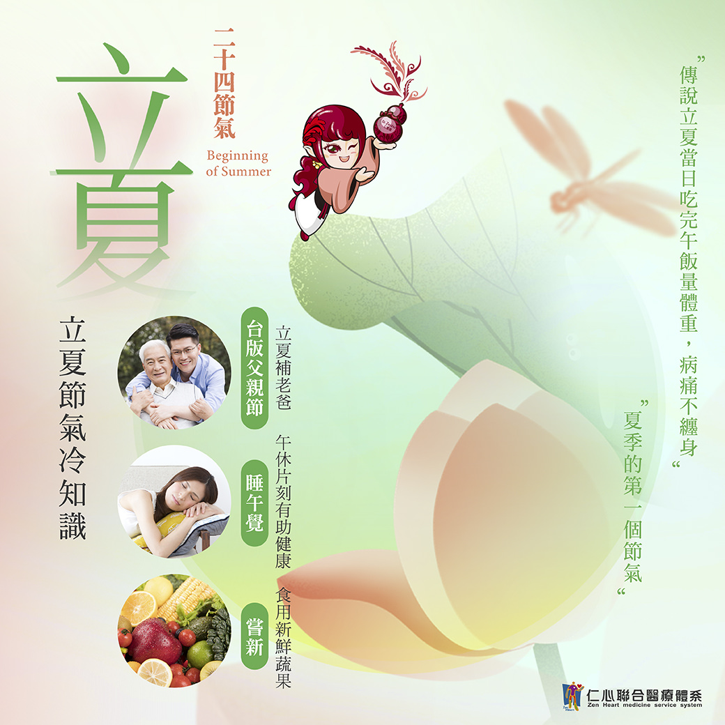 這張圖片介紹立夏節氣的養生知識,強調立夏是夏季的第一個節氣,建議午休片刻有助健康、食用新鮮蔬果以補充營養,並提醒立夏當日吃完午飯量體重有「病痛不纏身」的傳統說法,將立夏節氣與台版父親節的概念結合,倡導健康生活方式。