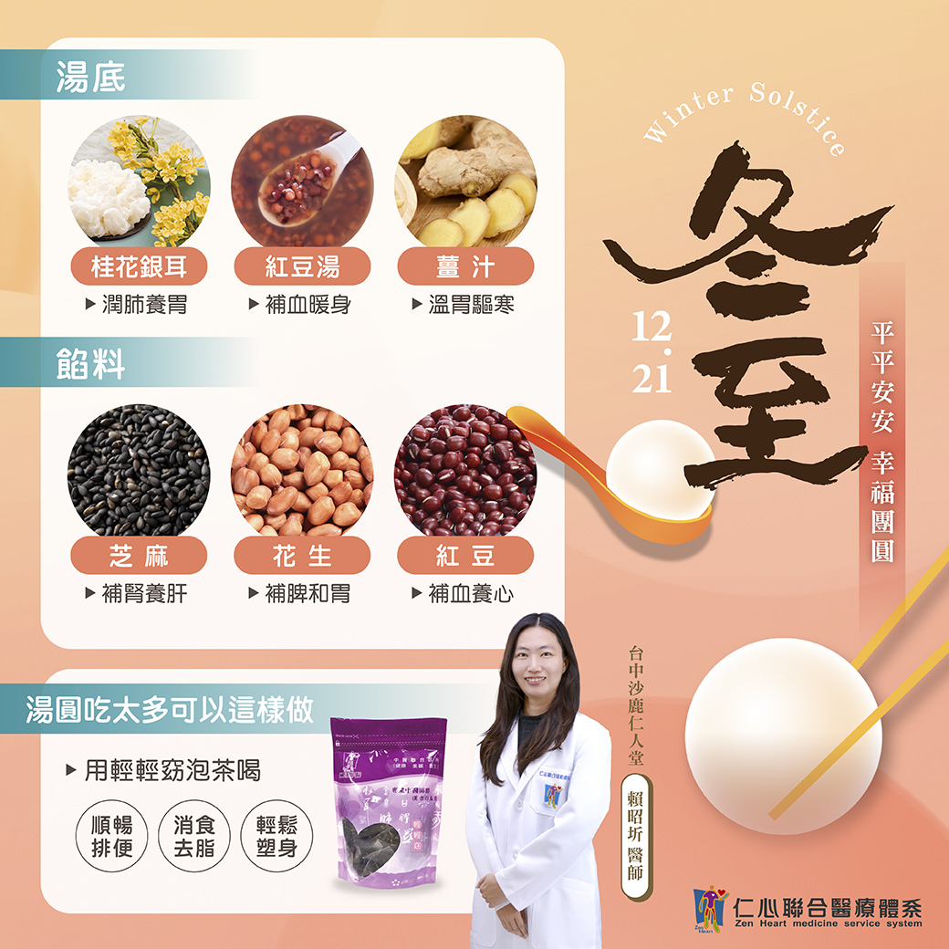 醫生展示冬至養生的食材和湯圓,介紹如何利用桂花銀耳湯、紅豆湯等食材來補腎養心、溫補暖身,並推薦食用湯圓增強體質。